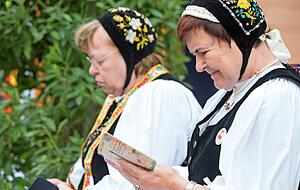 In traditioneller Tracht: Teilnehmerinnen eines Trachtenumzuges der Siebenbürger Sachsen in Dinkelsbühl (Bayern).
Foto: dpa