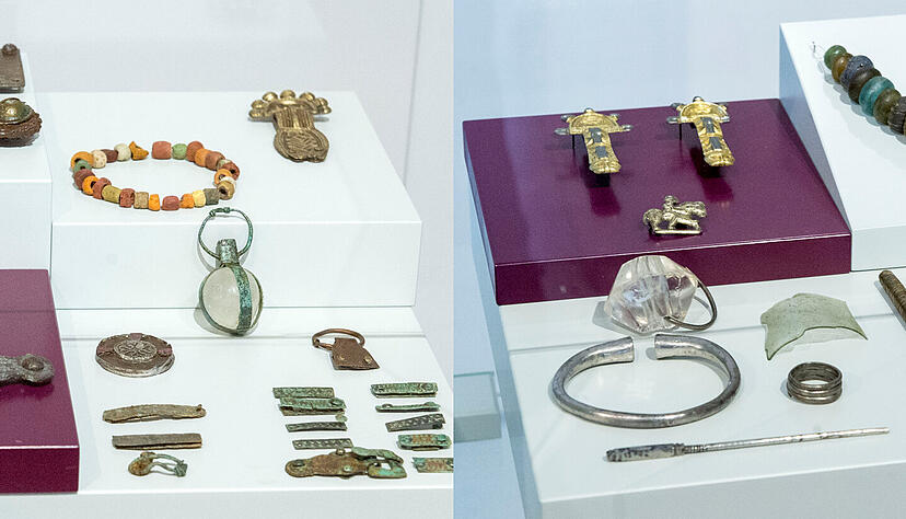 Fränkische (links) und alamannische Grabbeigaben, die an (verschiedenen) Fundorten in Böckingen ausgegraben wurden. Fotos: Mario Berger Fränkische (links) und alamannische Grabbeigaben, die an (verschiedenen) Fundorten in Böckingen ausgegraben wurden. Fotos: Mario Berger