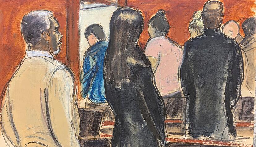 Die Gerichtszeichnung stellt Sean &laquo;Diddy&raquo; Combs am 1.7. mit seinem Verteidigungsteam dar, wie er zusieht, wie die Geschworenen den Gerichtssaal verlassen.