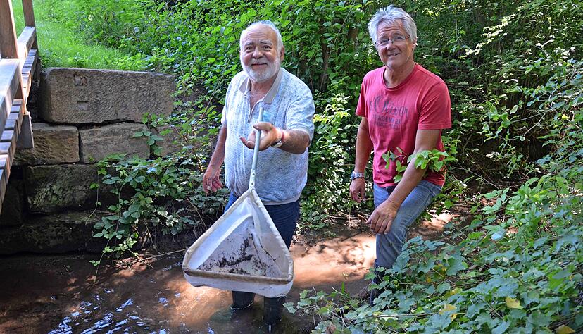 Wolfgang Sitter (links) und Herbert Bieselin haben erst einmal nur ein paar Bachflohkrebse gefunden.
Foto: Ines Schmiedl