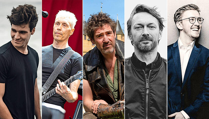 Sorgen in diesem Sommer für Kulturhöhepunkte (von links): Popsänger Wincent Weiss (Foto: C. Köstlin), Farin Urlaub (Ärzte, Foto: dpa), Schauspieler Stephan Szász (Foto: Burgfestspiele), Künstler Anselm Reyle (Foto: 9mouth) und Pianist Frank Dupree (Foto: Marco Borggreve). Sorgen in diesem Sommer für Kulturhöhepunkte (von links): Popsänger Wincent Weiss (Foto: C. Köstlin), Farin Urlaub (Ärzte, Foto: dpa), Schauspieler Stephan Szász (Foto: Burgfestspiele), Künstler Anselm Reyle (Foto: 9mouth) und Pianist Frank Dupree (Foto: Marco Borggreve).