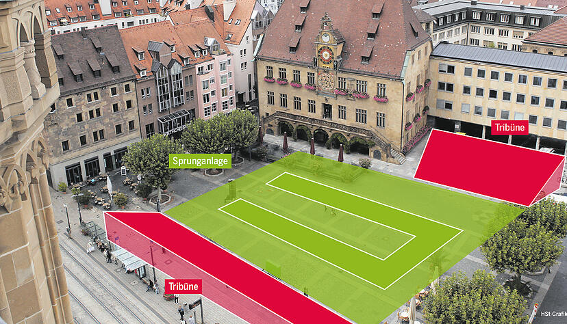 Die Hochsprung-Elite trifft sich ab 2020 im Herzen der Innenstadt: Die roten Flächen zeigen die Tribünen, die grüne Fläche die Sprunganlage. Fotomontage: HSt Die Hochsprung-Elite trifft sich ab 2020 im Herzen der Innenstadt: Die roten Flächen zeigen die Tribünen, die grüne Fläche die Sprunganlage. Fotomontage: HSt