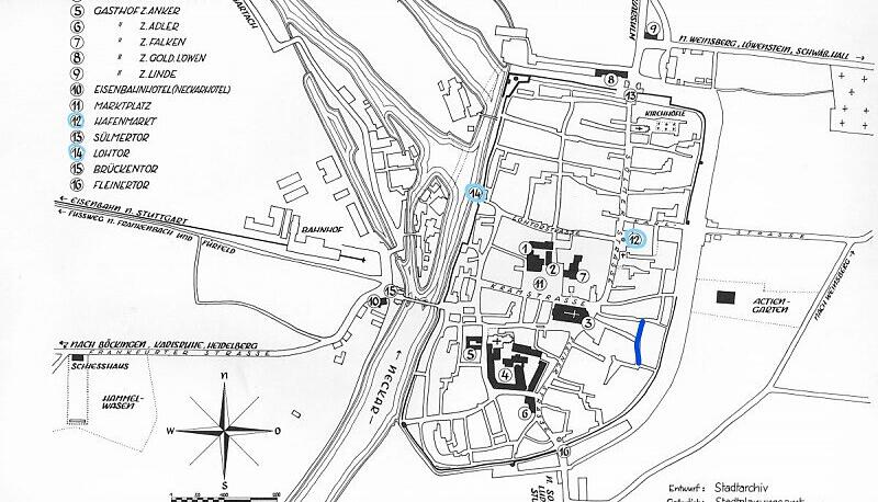 Diese Karte zeigt Heilbronn um das Jahr 1848. In hellblau sind Lohtor und Hafenmarkt markiert, in dunkelblau ist die Klostergasse markiert. Foto: Stadtarchiv Heilbronn Diese Karte zeigt Heilbronn um das Jahr 1848. In hellblau sind Lohtor und Hafenmarkt markiert, in dunkelblau ist die Klostergasse markiert. Foto: Stadtarchiv Heilbronn