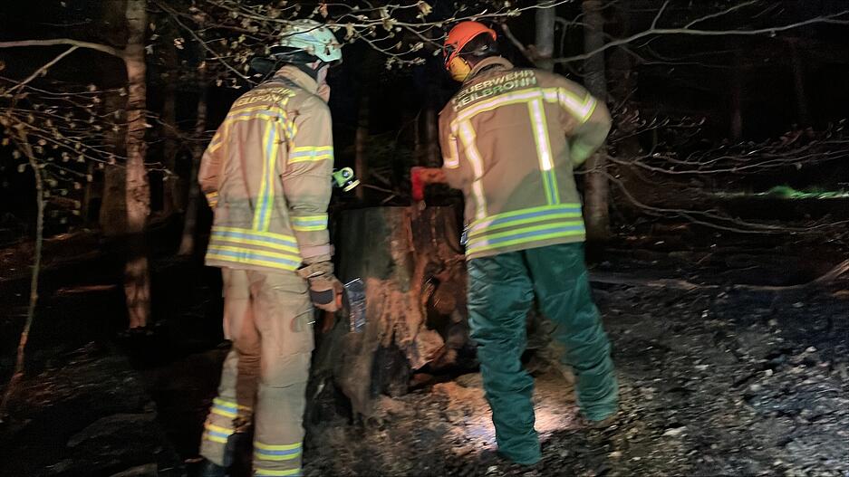 Die Feuerwehr konnte den Brand rasch unter Kontrolle bringen. Ein Baumstumpf brannte im Inneren. Dieser musste aufges&auml;gt und abgel&ouml;scht werden.
