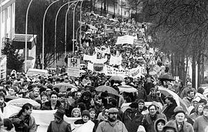 Zug der Zehntausend durch die Jägerhausstraße zur Waldheide am 2. Februar 1985. Zug der Zehntausend durch die Jägerhausstraße zur Waldheide am 2. Februar 1985.
