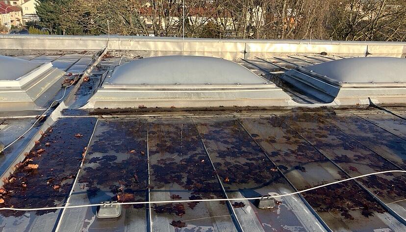 So pr&auml;sentiert sich das Dach der Elly-Heuss-Knapp-Sporthalle vor der notwendigen Sanierung. Zu sehen sind auch die Lichtkuppeln.