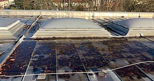 So pr&auml;sentiert sich das Dach der Elly-Heuss-Knapp-Sporthalle vor der notwendigen Sanierung. Zu sehen sind auch die Lichtkuppeln.