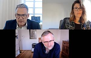 Digitales Gespräch zwischen Neckarsulm (Steffen Hertwig, oben), Berlin (Ralph Hertwig) und Heilbronn (Valerie Blass). Screenshot: