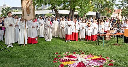 Gut 250 Katholiken feierten Fronleichnam mit Gottesdienst und Blumenteppich im neuen Stadtgarten beim Parkhotel.
Foto: Andreas Veigel