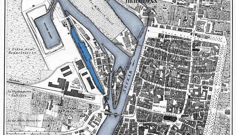 Der Neckar im Stadtplan von 1834: Der obere Arm ist heute zugeschüttet, der Winterhafen (links oben) auch. Dunkelblau ist der Wilhelmskanal hervorgehoben.
Foto: Stadtarchiv Heilbronn