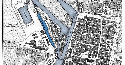 Der Neckar im Stadtplan von 1834: Der obere Arm ist heute zugeschüttet, der Winterhafen (links oben) auch. Dunkelblau ist der Wilhelmskanal hervorgehoben.
Foto: Stadtarchiv Heilbronn