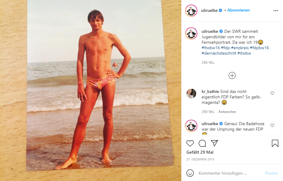 Vor der Landtagswahl 2016 teilt er etwa dieses Foto in Badehose - und sorgt damit für viele Diskussionen. Foto:  Instagram Hans-Ulrich Rülke