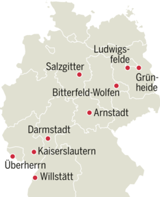 Geplante und bestehende Batteriefabriken in Deutschland.