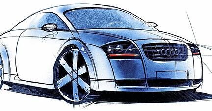 Der TT als Designskizze. Im Jahr 1998 rollte die Serienversion des Sportcoupés zu den Händlern, ein Jahr später folgte der Roadster mit Stoffverdeck.
Fotos: Audi
