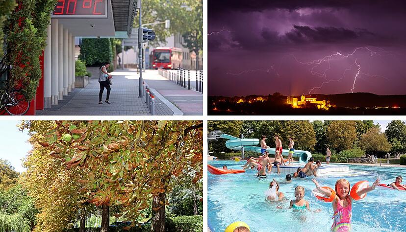 Auch im Sommer 2023 wechselt sich extreme Hitze ab mit Gewittern. Bäume leiden unter Trockenheit und die Menschen in der Region suchen Abkühlung im Freibad.