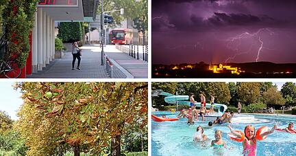 Auch im Sommer 2023 wechselt sich extreme Hitze ab mit Gewittern. Bäume leiden unter Trockenheit und die Menschen in der Region suchen Abkühlung im Freibad.