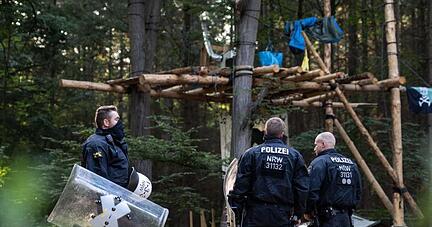 Polizisten stehen im Hambacher Forst vor einer von Umweltaktivisten gebauten Plattform.
