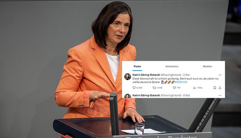 Bundestagsvizepräsidentin Katrin Göring-Eckardt sorgt nach dem DFB-Sieg für einen Skandal auf X. Bundestagsvizepräsidentin Katrin Göring-Eckardt sorgt nach dem DFB-Sieg für einen Skandal auf X.
