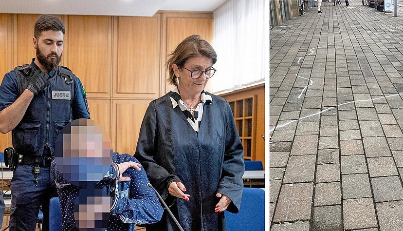 Der Verurteilte im Gerichtssaal (links). Die Markierungen nach der Auseinandersetzungen hatten viele Menschen in der Heilbronner Innenstadt gesehen.