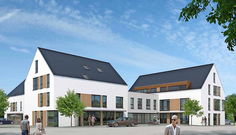 Drei miteinander verbundene Gebäude sind geplant: das Haus A (rechts), das Haus B und zurückversetzt das Haus C.Planung: Cornelia Schüle