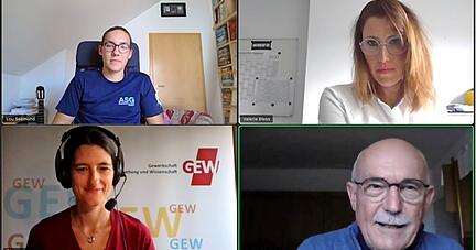 Diskutieren mit Stimme-Redakteurin Valerie Blass (oben rechts): der Experte in Sachen Impf-Aufklärung Ulrich Enzel, Jana Kolberg von der Gewerkschaft Erziehung und Wissenschaft und der Gymnasiast Lou Seemund.