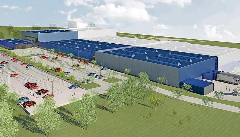 In der Modellskizze ist die Erweiterung blau dargestellt. Grau ist das Bestandsgeb&auml;ude an der Amtstra&szlig;e in Hollenbach.Animation: EBM-Papst