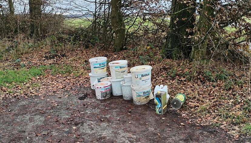 Ordentlich nebeneinander gestellt und trotzdem unordentlich entsorgt: Leere Farbeimer am "Gimperner Eck" im Wald der Stadt Bad Rappenau. Das Thema ist ein dauerndes &Auml;rgernis in den St&auml;dten und Gemeinden im Kraichgau.