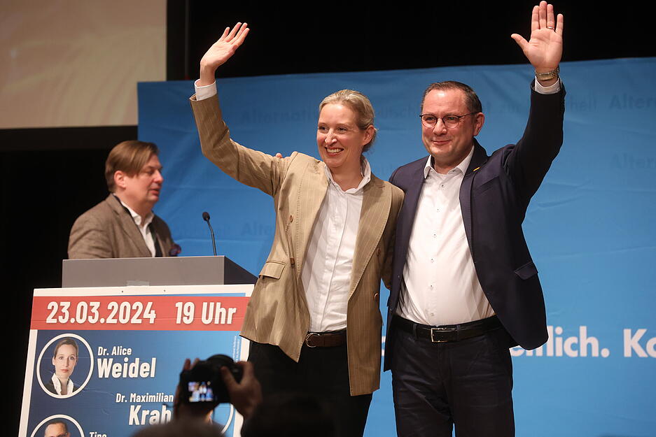 Die Partei- und Fraktionschefs, Alice Weidel und Tino Chrupalla, standen in Heilbronn auf der Bühne.