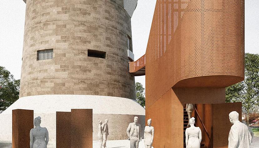 Der 16 Meter lange und zwei Meter breite Treppenkubus soll abgerückt vom Turm an der Theresienstraße gebaut werden.