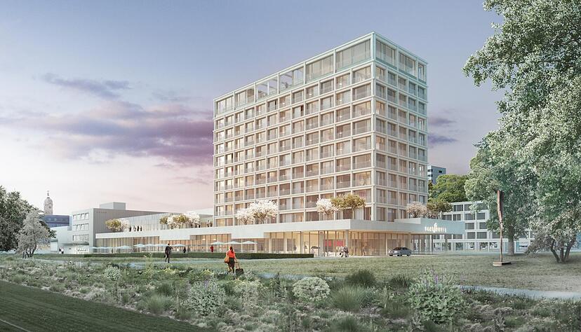 Das Parkhotel im Stadtgarten hatebenerdig innen und au&szlig;en mehrere Lokale sowie Festsaal, Skybar und Dachgarten in der zehnten Etage
Animation: Berthold Architekten