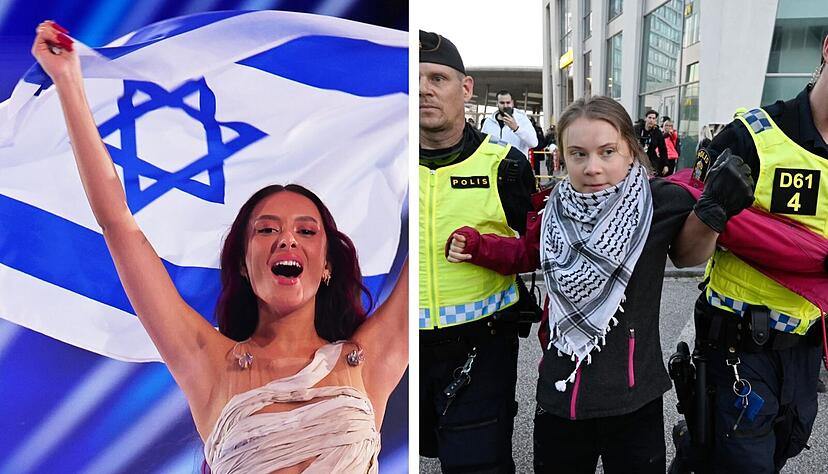 Eden Golan (links) aus Israel muss bei dem Eurovision Song Contest Buhrufe über sich ergehen lassen. Vor dem Wettbewerb fanden Demonstrationen gegen die Teilnahme von Israel statt – auch Greta Thunberg (rechts, Mitte) beteiligte sich an den Protesten.