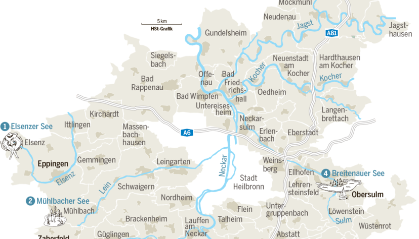 Die Karte zeigt, wo der Elsenzer See, M&uuml;hlbacher See, die Ehmetsklinge und der Breitenauer See liegen.