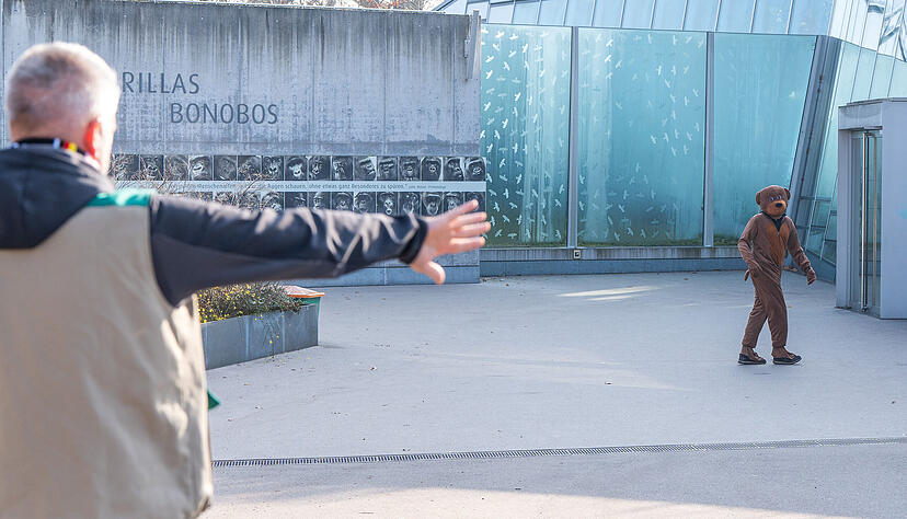 Der Ausbruch eines Tieren hat die Wilhelma in Stuttgart erprobt. Ein Mitarbeiter im Bärenkostüm simulierte die Situation.