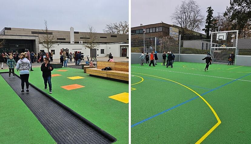 Auf dem neuen Mehrgenerationenspielplatz in Massenbachhausen gibt es unter anderem eine Trampolinbahn, Skate-Elemente, eine Tischtennisplatte und ein eingezäuntes Fußball-Kleinspielfeld.