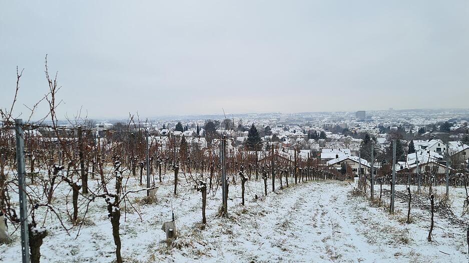 Blick auf das verschneite Heilbronn von der Sandbergsteige aus.