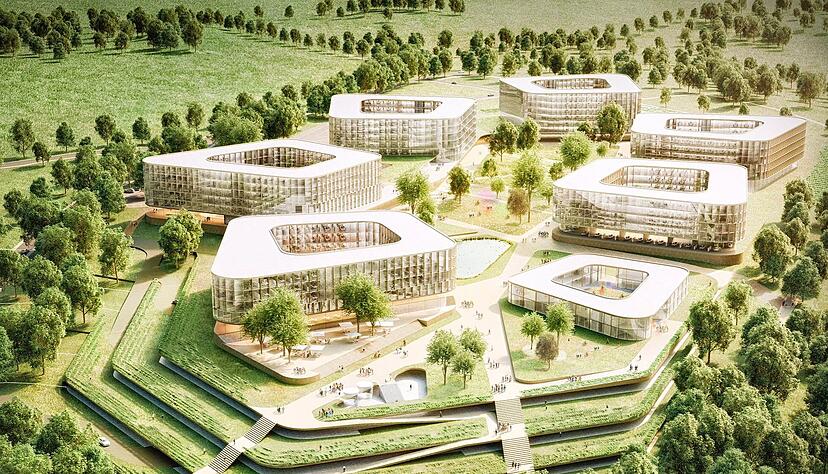 Vier Gebäude, die zum Schwarz-Projektcampus gehören, werden im ersten Bauabschnitt errichtet.
Visualisierung: Schwarz-Gruppe Vier Gebäude, die zum Schwarz-Projektcampus gehören, werden im ersten Bauabschnitt errichtet.
Visualisierung: Schwarz-Gruppe