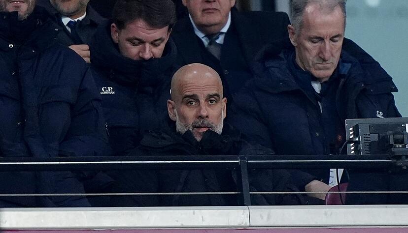 Pep Guardiola musste wegen seiner Sperre von der Trib&uuml;ne zuschauen.