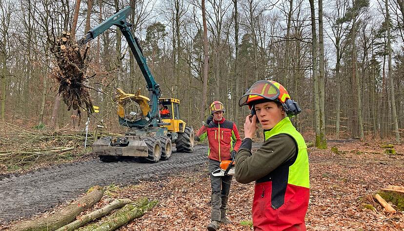 Handarbeit: Die jungen Forstwirte Thomas Sutter (vorne) und Tim K&ouml;rner schneiden neben dem Wirtschaftsweg Buchten in den Waldrand, um Lichtinseln zu schaffen.