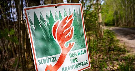 Ein Schild mit der Aufschrift «Schütz den Wald vor Brandgefahr» hängt in einem Wald an einem Waldweg.