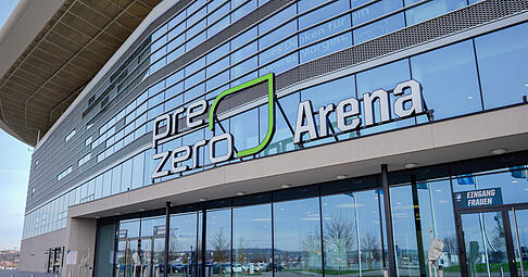 Seit Anfang 2019 prangt der Sponsoren-Schriftzug an der TSG-Arena. Seit Anfang 2019 prangt der Sponsoren-Schriftzug an der TSG-Arena.