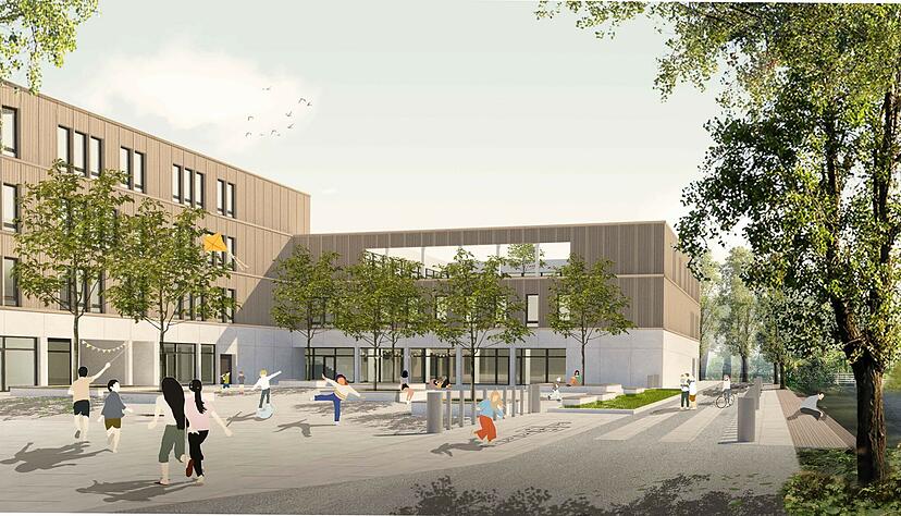 Für das neue Gebäude der Franz-Binder-Verbundschule, das auf dem ehemaligen Gelände des Hallenbads entstehen soll, will die Stadt einen Kredit aufnehmen. Visualisierung: Peter Groß, Hoch- und Generalbau GmbH & Co.KG, Stuttgart/a+r Architekten GmbH, Stuttgart/Tübingen