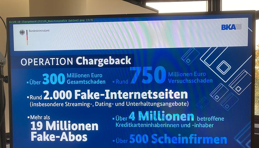 Informationen zu "Operation Chargeback" sind im Rahmen einer Pressekonferenz beim BKA auf einem Bildschirm zu sehen.