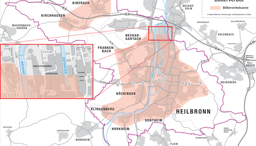 Die Karte zeigt, wo in der Stadt Heilbronn keine Böller an Silvester und Neujahr gezündet werden dürfen. Die Karte zeigt, wo in der Stadt Heilbronn keine Böller an Silvester und Neujahr gezündet werden dürfen.
