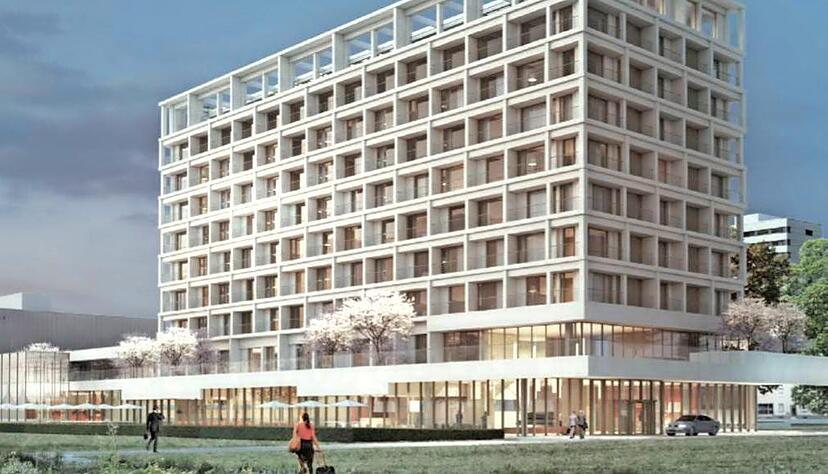 So sieht das Parkhotel im urspr&uuml;nglichen Entwurf aus. Nach den Plan&auml;nderungen wird der Zimmerturm etwa sieben Meter schmaler. Animation: Berthold Architekten