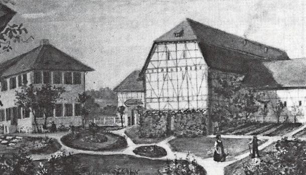 Dies ist wohl eine der ältesten Abbildungen des Schafhofs mit Lustgarten. So sah er vor 1858 aus. In diesem Jahr brannte das Gut ab und wurde neu aufgebaut. Dies ist wohl eine der ältesten Abbildungen des Schafhofs mit Lustgarten. So sah er vor 1858 aus. In diesem Jahr brannte das Gut ab und wurde neu aufgebaut.