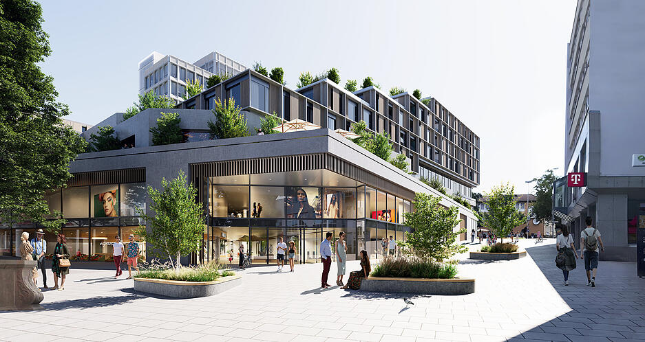Wohnungen, Büros, Markthalle, Fitness, Restaurant, Grünflächen und ein Hotel.
