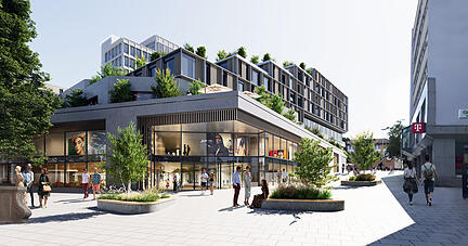 Wohnungen, Büros, Markthalle, Fitness, Restaurant, Grünflächen und ein Hotel.