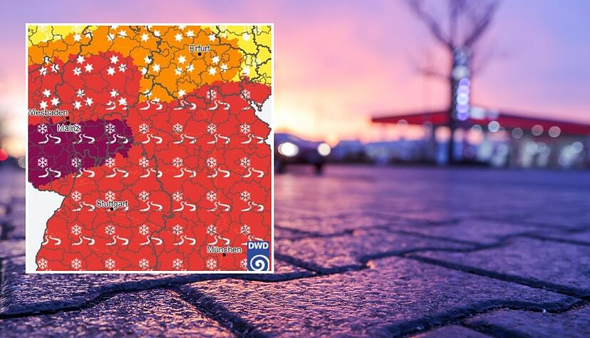 Die Wetterwarnkarte vom Deutschen Wetterdienst blinkt für Baden-Württemberg rot. Die Wetterwarnkarte vom Deutschen Wetterdienst blinkt für Baden-Württemberg rot.