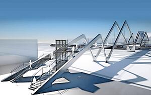 Die offene Fußgänger- und Radwegbrücke ist 195 Meter lang und 4,50 Meter breit. Die Auf- und Abgänge erfolgen über Treppen und Aufzüge. Visualisierung: Privat Die offene Fußgänger- und Radwegbrücke ist 195 Meter lang und 4,50 Meter breit. Die Auf- und Abgänge erfolgen über Treppen und Aufzüge. Visualisierung: Privat
