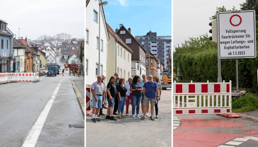 Im März 2023 gingen die Bauarbeiten los (Foto links). Im Sommer gab's massive Kritik von Anwohnern und Gewerbetreibenden (Mitte). "Freie Fahrt" heißt es ab Freitag – an diesem Tag verschwinden die Absperrungen.